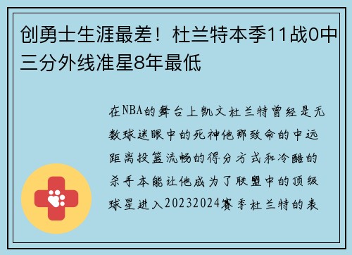 创勇士生涯最差！杜兰特本季11战0中三分外线准星8年最低