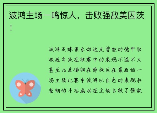 波鸿主场一鸣惊人，击败强敌美因茨！